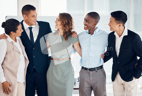 Image of Business people, group diversity and communication together for teamwork, team building and office cooperation. Conversation, talking or discussion for about us, faq and equality workplace with trust