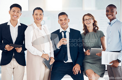 Image of Business people, corporate team and collaboration with diversity for success, growth and innovation at advertising or marketing agency. Portrait of men and women smile in office for shared vision