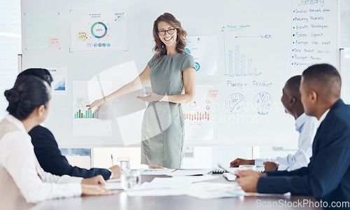 Image of Business woman, leadership and coaching on whiteboard for marketing strategy, meeting or presentation at the office. Happy female manager or mentor teaching employee workers company graph analytics