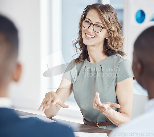 Image of Happy business woman talking, interview hr manager in strategy meeting and New York company office. We are hiring for corporate, employee recruitment and professional person speaking in boardroom