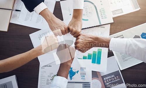 Image of Hands, team and analytics in business meeting for collaboration, agreement or partnership at the office. Hand of employee group in fist bump for analysis strategy, teamwork or unity at the workplace