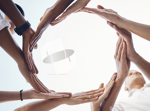 Image of Teamwork, circle and synergy hands of business people with support, collaboration and coworking in team building mock up. Integration, group formation and workflow sign of employee with support below