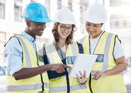 Image of Construction, tablet and teamwork on a building project outdoor while planning and talking strategy, idea and vision together. Diversity, engineering and software for development, innovation and plan