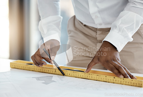 Image of Measure, blueprint and architecture hands drawing lines for project development construction planning and design process contractor. Floor plan and tools of civil engineering black man table zoom