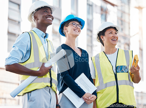 Image of Architect, engineer and happy with building development, strategy and teamwork for property success on construction site. Contractor, realtor and engineering expert smile at architecture work project