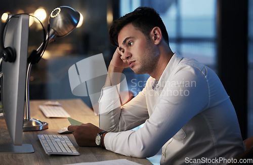 Image of Businessman, stress or bored on computer in night office for cyber security website, digital marketing web design or programming code. Anxiety, tired or confused programmer with technology 404 glitch