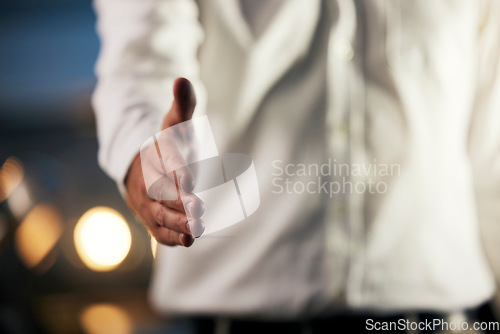 Image of Businessman, handshake and thank you for partnership, congratulations and welcome hand gesture in office. Employee, corporate worker and interview, hiring or recruitment success with shake hands