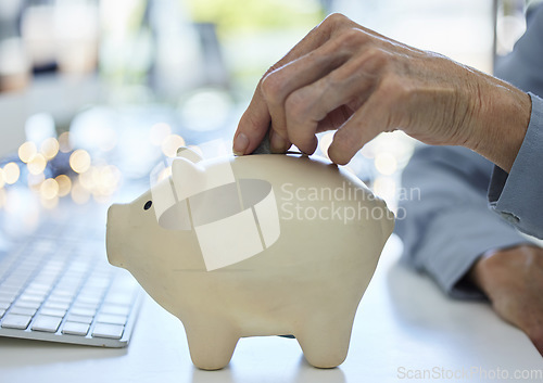 Image of Money, hand and piggy bank in savings for finance, planning or investment growth at the office. Hands of business employee in financial investing strategy, banking and coin save for insurance plan