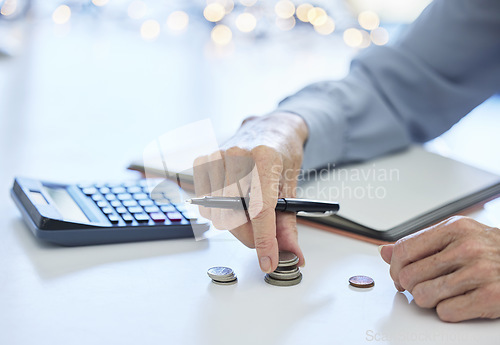 Image of Budget, coin and business hands with calculator for inflation, savings and commerce financial planning. Money, cash and change for finance management, poverty and debt of bank balance or loan payment