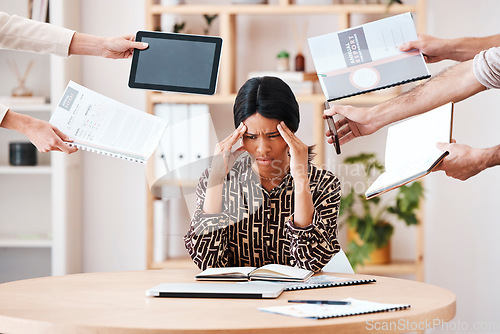 Image of Stress, burnout and multitask with hands and a black woman in business feeling overwhelmed or overworked. Compliance, documents and deadline with a female manager trying to balance work tasks