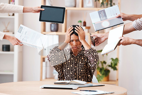 Image of Stress, frustrated and business woman with paperwork and information in modern corporate office. Burnout, overworked and professional manager with overload of management document, report and deadline