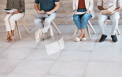 Image of Group, job interview and people on chairs in floor, mockup and recruitment at digital marketing office. Hiring, corporate and worker queue at business meeting for opportunity, mock up or copy space