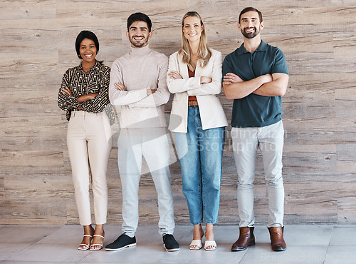 Image of Business people, portrait and proud company teamwork, diversity and equality with a workforce mission, goal and career collaboration. Office team leadership, partnership and group for our vision