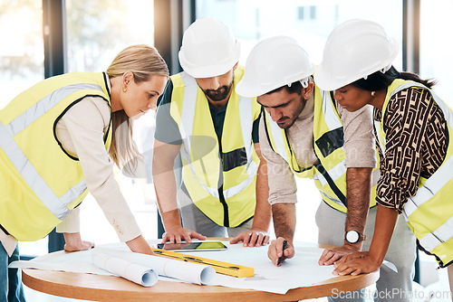 Image of Teamwork, architecture and engineering planning of a blueprint of an office building in a construction project. Meeting, construction workers or creative designers drawing floor plan task or strategy