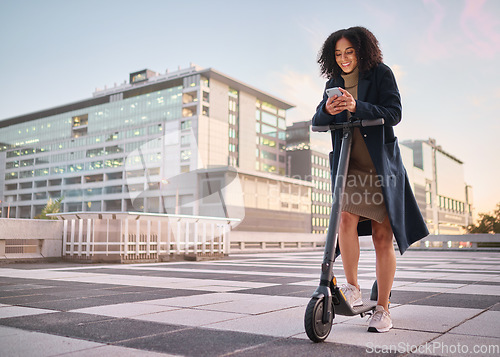 Image of Black woman, electric scooter and smartphone in city, for communication and outdoor to connect. Travel, female and girl with cellphone for chatting, social media and browse online to search internet.
