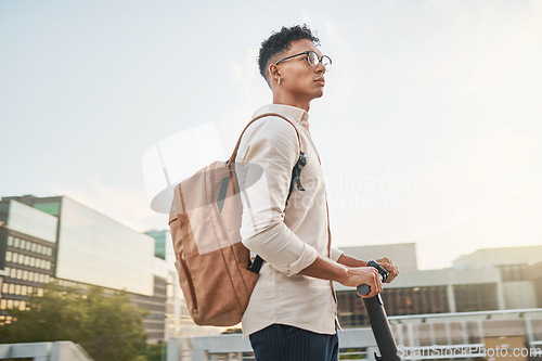 Image of Travel, electric kick scooter and man in a city, relax and riding to campus, carbon neutral and eco friendly with mockup. Student. scooter and black male traveling in town, calm and relaxing outdoors