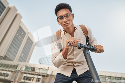 Image of Scooter, city and portrait of a student man for travel and transportation with carbon footprint, eco friendly and urban lifestyle. Young gen z college or university person with an electric scooter