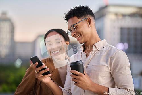 Image of City, social media and young couple with phone looking at meme, online content and browsing internet. Technology, relationship and man standing with woman in urban town on smartphone together