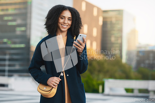 Image of Black woman portrait, city and phone in hand of a person with technology and smile. Internet, 5g web and social media app of a happy female online ready for mobile networking and communication