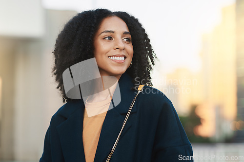 Image of Happy, thinking and business woman in the city of Singapore for work in the morning. Vision, motivation and young girl with an idea, happiness and commitment during travel to a job with bokeh space