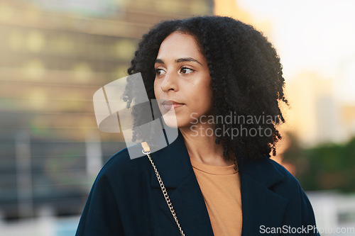 Image of Face, thinking and city with a business black woman walking while on her morning commute into work. Idea, commuting and street with a female employee traveling in an urban town for opportunity