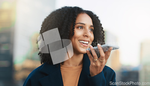 Image of Black woman with smartphone, phone call and technology with communication and connection outdoor. Conversation, mobile and connect, contact and talking on call with tech and 5g network in urban city.