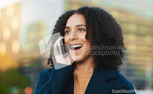 Image of Black woman, phone call and city travel of a person happy about online and 5g web communication. Network conversation of a female with mobile technology of a online internet chat outdoor with a smile