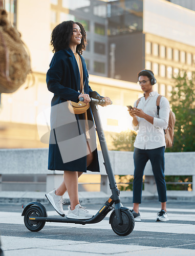 Image of Scooter, city and business woman going to work with an electric vehicle on an outdoor street in Mexico. Travel, happy and professional female corporate manager commuting to the office in urban town.