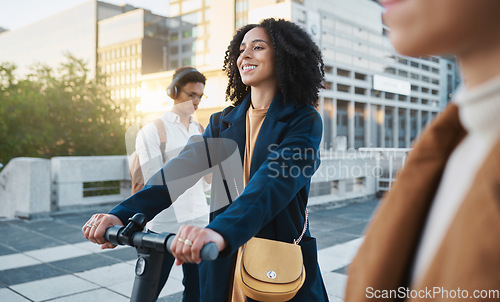 Image of Scooter, happy and business woman with transport in the city for sustainability, clean energy and eco friendly in Canada. Happy, smile and employee travel to work with sustainable transportation