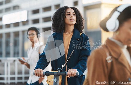 Image of Travel, scooter and business woman in city or street on eco friendly transportation. Sustainability, technology or black female employee commuting to work on electric moped to reduce carbon footprint