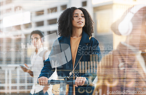 Image of Business woman, scooter and travel in city or street with data or graphs overlay. Double exposure, electric moped or black female traveling to work in sustainable transport to reduce carbon footprint