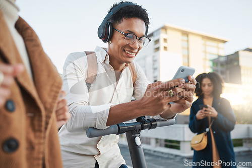 Image of Black man, social media on smartphone and electric scooter in city traveling to university on sustainable, eco friendly transport and commute. Happy student, cellphone communication and street travel