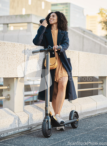 Image of Happy black woman, scooter and city transport with coffee, smile and outdoor in urban, street or metro. Electric vehicle, transportation or sustainable travel, adventure and carbon neutral travel