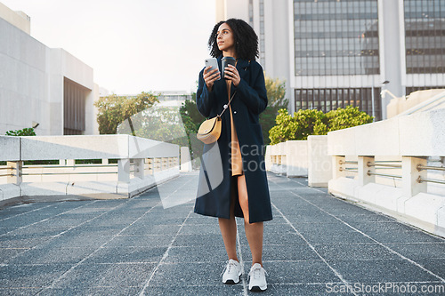 Image of Phone, thinking and coffee with a young woman, travel or social media while standing outdoor in the city. Idea, mobile smartphone or female looking away, think about the future or drink in urban town