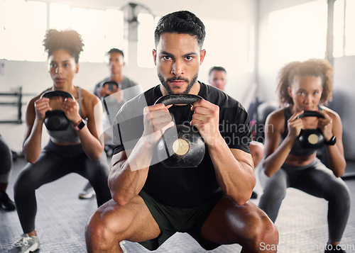 Image of Kettlebell, workout and fitness class with a gym coach and people training with cardio and exercise. Portrait of a strong personal trainer and sports friends in a wellness health club with motivation