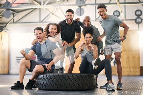 Image of Fitness, gym and group of people portrait for workout teamwork, collaboration and motivation with power, energy and commitment. Excited, strong and sports people or friends with exercise goals