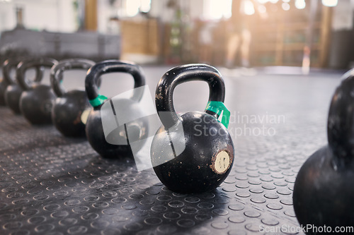 Image of Fitness, crossfit or zoom of kettlebell in gym or New york studio for weightlifting exercise, muscle development or wellness workout. Metal, steel or heavy iron for health, training or sports goal