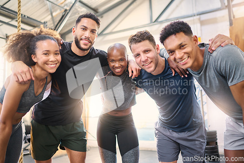 Image of Men, women or diversity fitness team gym workout or training in heart health exercise, body wellness or muscle growth. Friends portrait, happy smile or sports people in community support group huddle