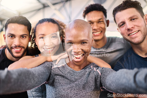 Image of Fitness club selfie, group and portrait for gym diversity, happy and smile together for teamwork. Healthy people, workout team and multicultural photo for health, wellness and exercise with happiness