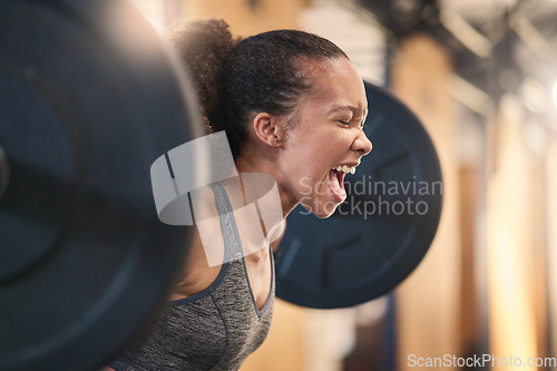 Image of Fitness, bodybuilder and shouting with a sports black woman weightlifting in a gym for a strong body. Exercise, health and training with a female athlete shouting while lifting weights for a workout