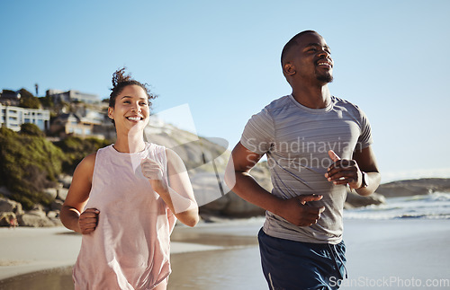 Image of Fitness, beach and running black couple training, workout and exercise for cardiovascular wellness with freedom. Happy, runners and African woman loves doing sports activities with a healthy partner