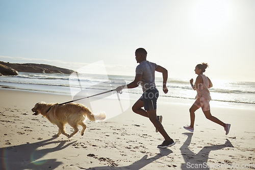 Image of Couple, fitness or running with dog on beach exercise, training or workout by water waves, ocean or California sea with Golden Retriever. Woman, man and runner people with pet animal in nature sports