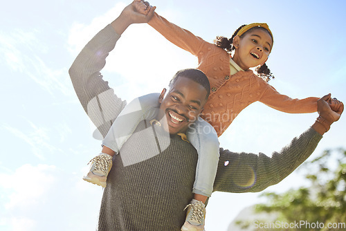 Image of Dad, play and child park with a father and girl together having fun bonding in nature. Summer adventure, family garden time and parent love of a man and happy kid with freedom, youth and blue sky