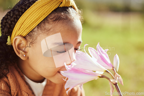 Image of Nature, beauty and child smell flower in park, enjoying weekend, holiday and vacation in countryside. Peaceful, freedom and young black girl smelling aroma or scent of plant on field in spring time