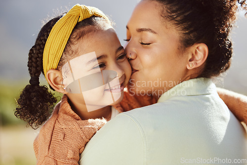 Image of Love, family and mother and girl kiss in a park, happy and relax while bonding and embracing in nature. Happy family, kissing and mama with daughter on a trip in a forest, loving and caring in Mexico