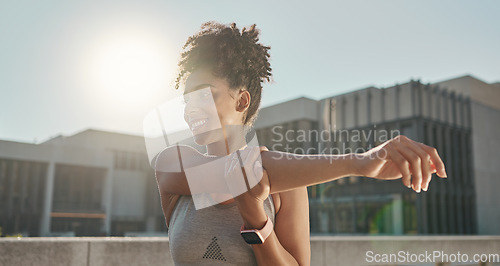 Image of Happy, fitness and stretching with a healthy woman ready for training outdoor during summer. Smile, health and exercise with a young female athlete going through her warmup routine for workout