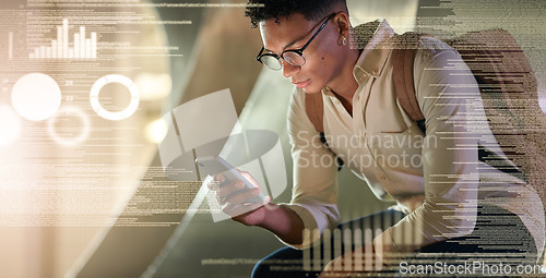 Image of Futuristic man, data hologram and phone information of a black man looking at mobile software. Analytics information, big data and cyber security research of a digital it student hacker coding