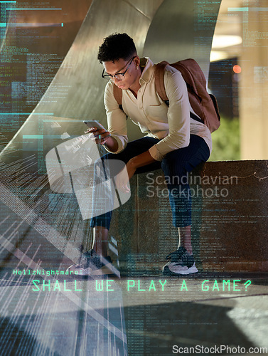 Image of Overlay, phone and cybersecurity hacker in a city coding, networking or searching content on social media at night. Future, hologram and gen z black man typing crypto data online on an ai digital app