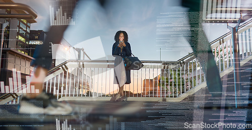 Image of Woman, phone and double exposure hologram in city at sunset. Data overlay, digital transformation and female on smartphone ux or 5g mobile, social media or web browsing, iot and future communication.