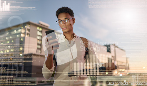 Image of Hologram, man and futuristic phone communication with travel technology, trendy and edgy outdoor. Digital connection, future innovation and male with online research, connect and smartphone in city.